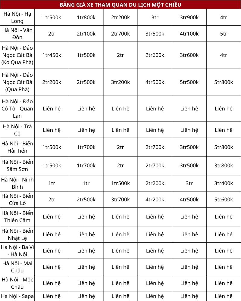 Bảng giá xe tham quan du lịch một chiều